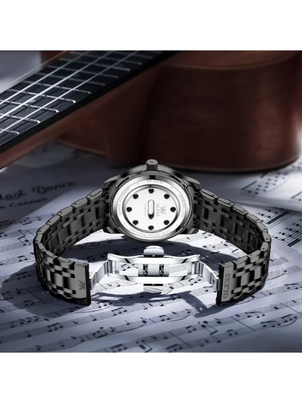 Olevs Mens Black Dial Diamond Wrist Quartz Stainless Steel Luminous Luxury Watch
